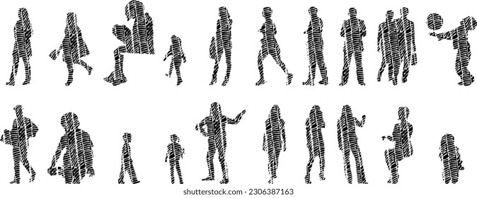 Vector illustration, Outline silhouettes of people, Contour drawing, people silhouette, Icon Set Isolated , Silhouette of sitting people, Architectural set	
