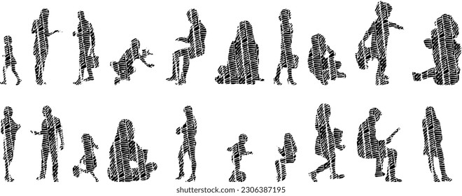 Vector illustration, Outline silhouettes of people, Contour drawing, people silhouette, Icon Set Isolated , Silhouette of sitting people, Architectural set	
