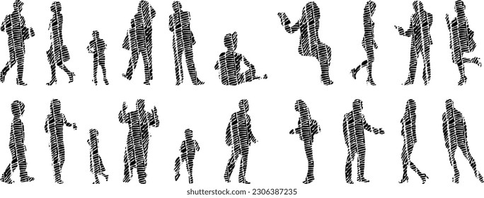 Vector illustration, Outline silhouettes of people, Contour drawing, people silhouette, Icon Set Isolated , Silhouette of sitting people, Architectural set	
