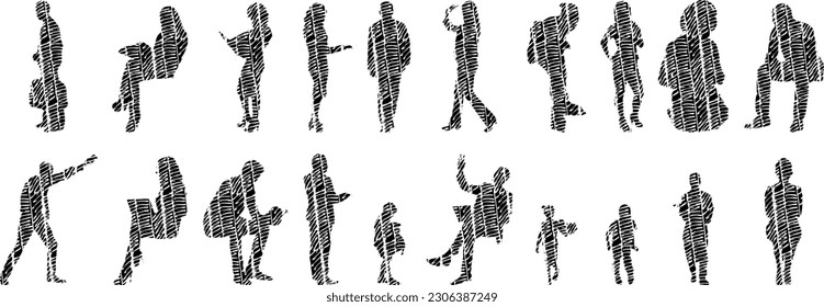 Vector illustration, Outline silhouettes of people, Contour drawing, people silhouette, Icon Set Isolated , Silhouette of sitting people, Architectural set	
