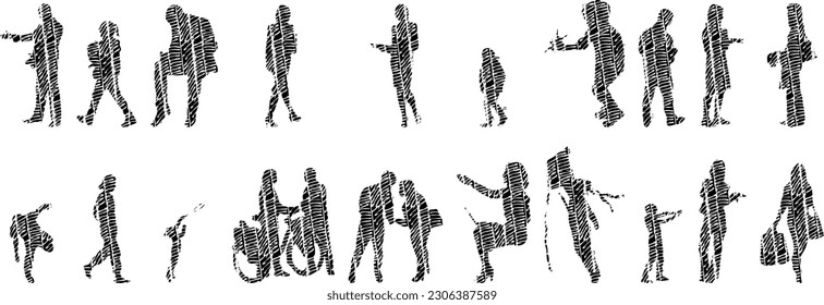 Vector illustration, Outline silhouettes of people, Contour drawing, people silhouette, Icon Set Isolated , Silhouette of sitting people, Architectural set	
