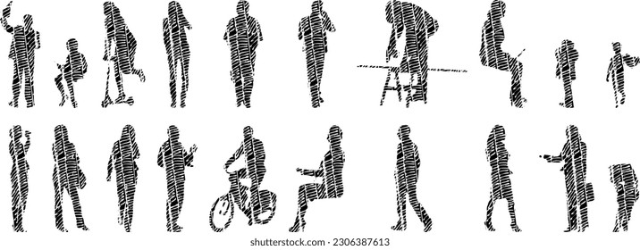 Vector illustration, Outline silhouettes of people, Contour drawing, people silhouette, Icon Set Isolated , Silhouette of sitting people, Architectural set	
