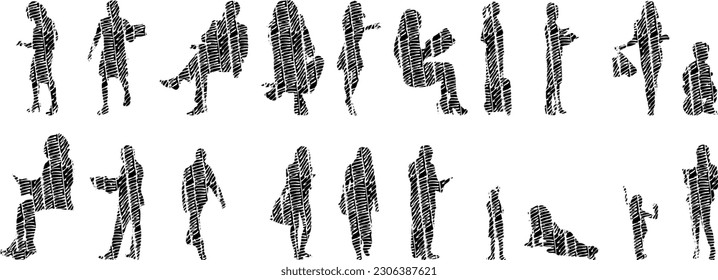 Vector illustration, Outline silhouettes of people, Contour drawing, people silhouette, Icon Set Isolated , Silhouette of sitting people, Architectural set	
