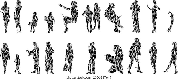 Vector illustration, Outline silhouettes of people, Contour drawing, people silhouette, Icon Set Isolated , Silhouette of sitting people, Architectural set	
