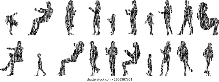 Vector illustration, Outline silhouettes of people, Contour drawing, people silhouette, Icon Set Isolated , Silhouette of sitting people, Architectural set	
