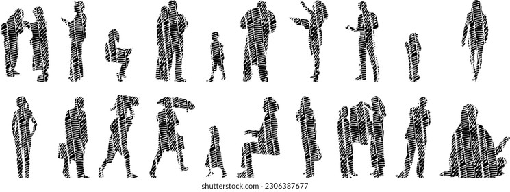 Vector illustration, Outline silhouettes of people, Contour drawing, people silhouette, Icon Set Isolated , Silhouette of sitting people, Architectural set	
