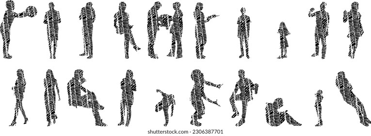 Vector illustration, Outline silhouettes of people, Contour drawing, people silhouette, Icon Set Isolated , Silhouette of sitting people, Architectural set	
