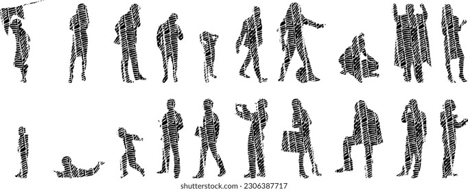 Vector illustration, Outline silhouettes of people, Contour drawing, people silhouette, Icon Set Isolated , Silhouette of sitting people, Architectural set	
