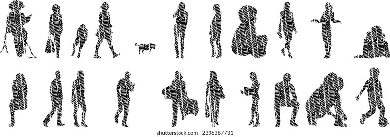 Vector illustration, Outline silhouettes of people, Contour drawing, people silhouette, Icon Set Isolated , Silhouette of sitting people, Architectural set	
