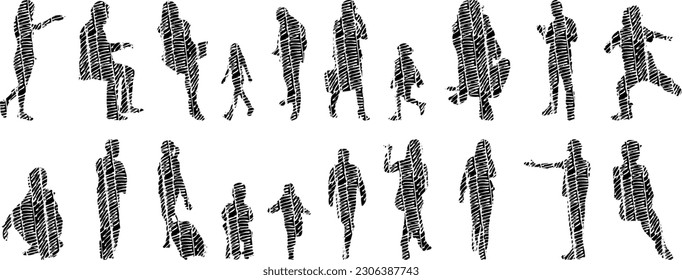 Vector illustration, Outline silhouettes of people, Contour drawing, people silhouette, Icon Set Isolated , Silhouette of sitting people, Architectural set	
