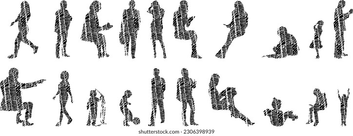 Vector illustration, Outline silhouettes of people, Contour drawing, people silhouette, Icon Set Isolated , Silhouette of sitting people, Architectural set	
