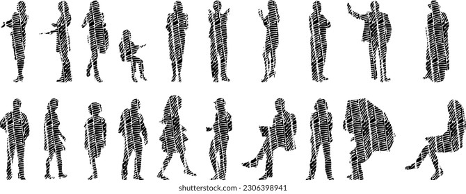 Vector illustration, Outline silhouettes of people, Contour drawing, people silhouette, Icon Set Isolated , Silhouette of sitting people, Architectural set	
