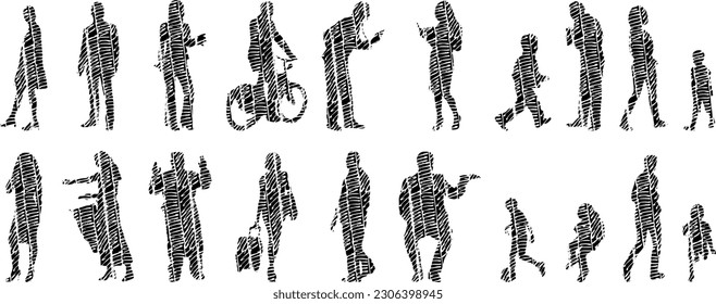 Vector illustration, Outline silhouettes of people, Contour drawing, people silhouette, Icon Set Isolated , Silhouette of sitting people, Architectural set	
