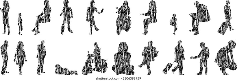 Vector illustration, Outline silhouettes of people, Contour drawing, people silhouette, Icon Set Isolated , Silhouette of sitting people, Architectural set	
