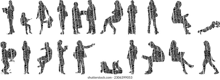 Vector illustration, Outline silhouettes of people, Contour drawing, people silhouette, Icon Set Isolated , Silhouette of sitting people, Architectural set	
