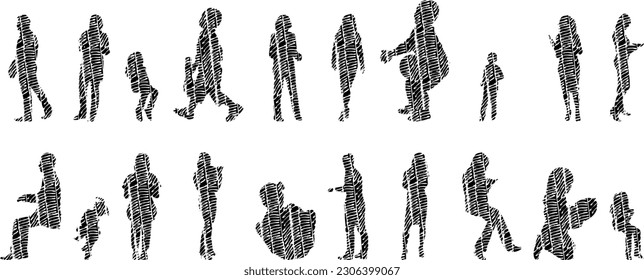 Vector illustration, Outline silhouettes of people, Contour drawing, people silhouette, Icon Set Isolated , Silhouette of sitting people, Architectural set	
