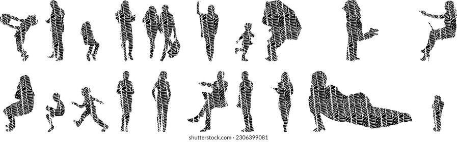 Vector illustration, Outline silhouettes of people, Contour drawing, people silhouette, Icon Set Isolated , Silhouette of sitting people, Architectural set	
