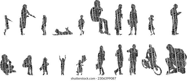 Vector illustration, Outline silhouettes of people, Contour drawing, people silhouette, Icon Set Isolated , Silhouette of sitting people, Architectural set	
