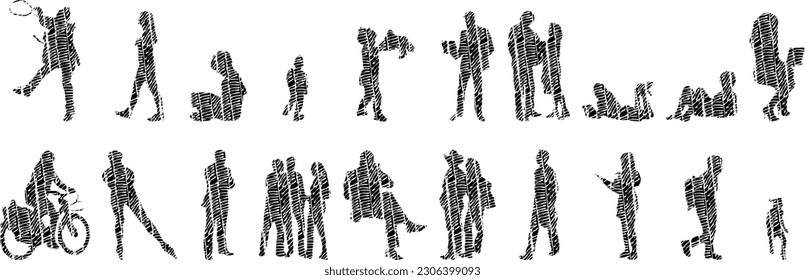 Vector illustration, Outline silhouettes of people, Contour drawing, people silhouette, Icon Set Isolated , Silhouette of sitting people, Architectural set	
