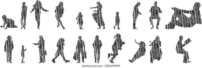 Vector illustration, Outline silhouettes of people, Contour drawing, people silhouette, Icon Set Isolated , Silhouette of sitting people, Architectural set	
