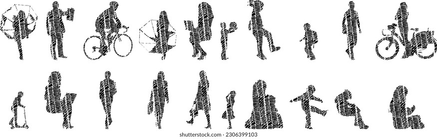 Vector illustration, Outline silhouettes of people, Contour drawing, people silhouette, Icon Set Isolated , Silhouette of sitting people, Architectural set	
