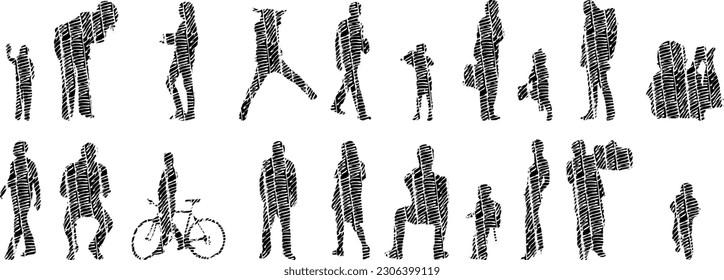 Vector illustration, Outline silhouettes of people, Contour drawing, people silhouette, Icon Set Isolated , Silhouette of sitting people, Architectural set	
