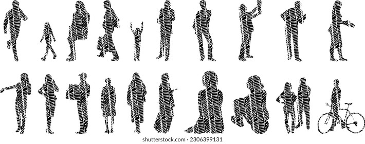 Vector illustration, Outline silhouettes of people, Contour drawing, people silhouette, Icon Set Isolated , Silhouette of sitting people, Architectural set	
