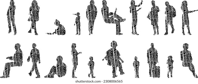 Vector illustration, Outline silhouettes of people, Contour drawing, people silhouette, Icon Set Isolated , Silhouette of sitting people, Architectural set	
