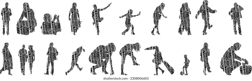 Vector illustration, Outline silhouettes of people, Contour drawing, people silhouette, Icon Set Isolated , Silhouette of sitting people, Architectural set	
