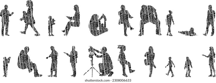 Vector illustration, Outline silhouettes of people, Contour drawing, people silhouette, Icon Set Isolated , Silhouette of sitting people, Architectural set	
