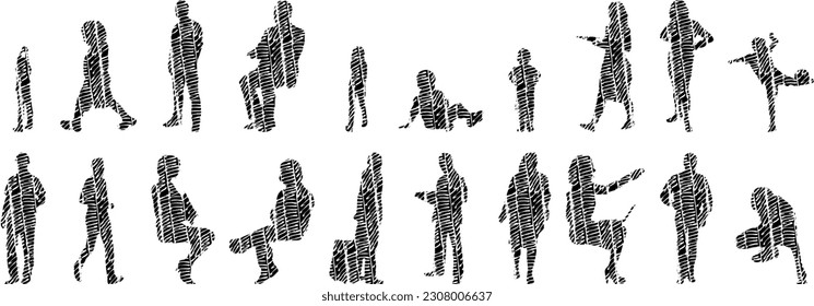 Vector illustration, Outline silhouettes of people, Contour drawing, people silhouette, Icon Set Isolated , Silhouette of sitting people, Architectural set	
