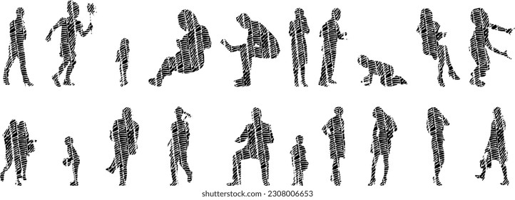 Vector illustration, Outline silhouettes of people, Contour drawing, people silhouette, Icon Set Isolated , Silhouette of sitting people, Architectural set	
