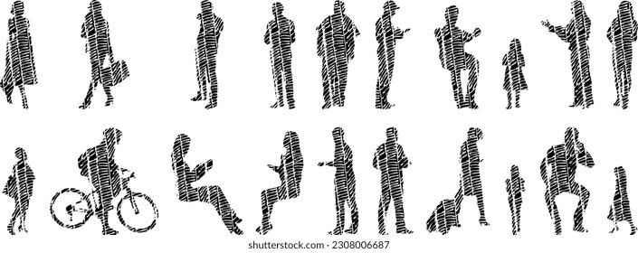 Vector illustration, Outline silhouettes of people, Contour drawing, people silhouette, Icon Set Isolated , Silhouette of sitting people, Architectural set	
