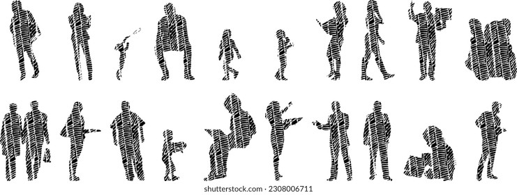 Vector illustration, Outline silhouettes of people, Contour drawing, people silhouette, Icon Set Isolated , Silhouette of sitting people, Architectural set	
