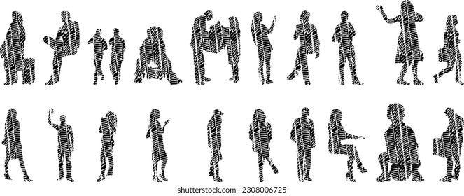 Vector illustration, Outline silhouettes of people, Contour drawing, people silhouette, Icon Set Isolated , Silhouette of sitting people, Architectural set	
