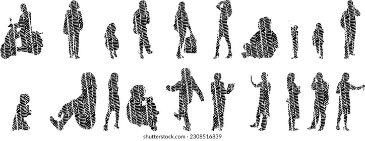 Vector illustration, Outline silhouettes of people, Contour drawing, people silhouette, Icon Set Isolated , Silhouette of sitting people, Architectural set	
