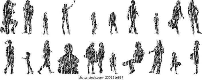 Vector illustration, Outline silhouettes of people, Contour drawing, people silhouette, Icon Set Isolated , Silhouette of sitting people, Architectural set	
