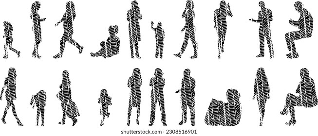 Vector illustration, Outline silhouettes of people, Contour drawing, people silhouette, Icon Set Isolated , Silhouette of sitting people, Architectural set	
