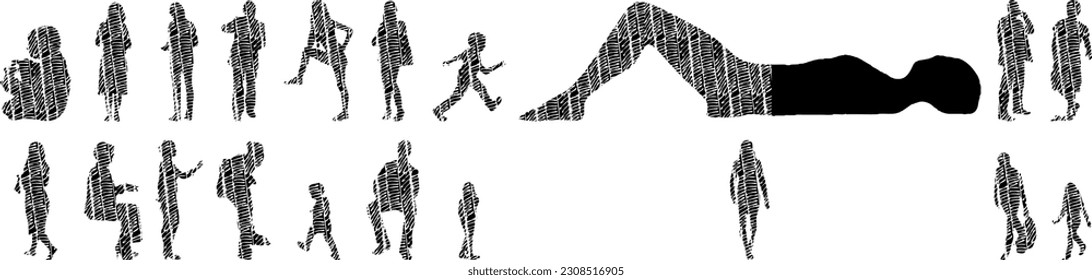 Vector illustration, Outline silhouettes of people, Contour drawing, people silhouette, Icon Set Isolated , Silhouette of sitting people, Architectural set	
