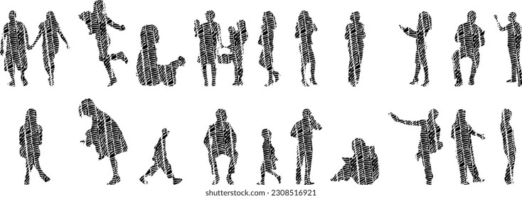 Vector illustration, Outline silhouettes of people, Contour drawing, people silhouette, Icon Set Isolated , Silhouette of sitting people, Architectural set	
