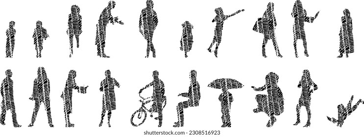 Vector illustration, Outline silhouettes of people, Contour drawing, people silhouette, Icon Set Isolated , Silhouette of sitting people, Architectural set	
