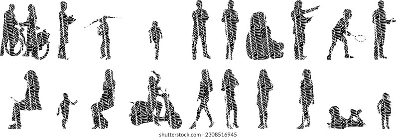 Vector illustration, Outline silhouettes of people, Contour drawing, people silhouette, Icon Set Isolated , Silhouette of sitting people, Architectural set	
