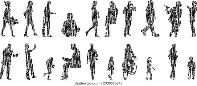 Vector illustration, Outline silhouettes of people, Contour drawing, people silhouette, Icon Set Isolated , Silhouette of sitting people, Architectural set	
