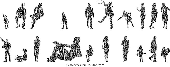Vector illustration, Outline silhouettes of people, Contour drawing, people silhouette, Icon Set Isolated , Silhouette of sitting people, Architectural set	
