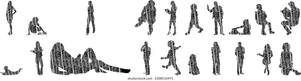 Vector illustration, Outline silhouettes of people, Contour drawing, people silhouette, Icon Set Isolated , Silhouette of sitting people, Architectural set	
