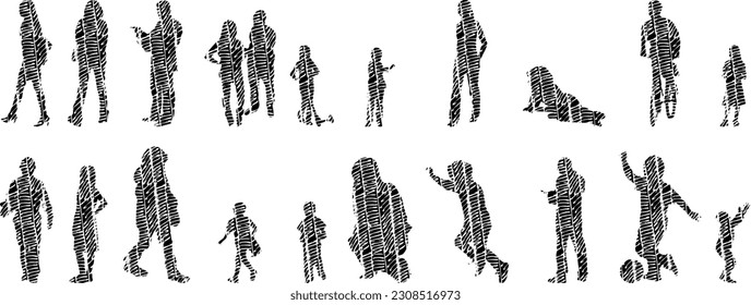 Vector illustration, Outline silhouettes of people, Contour drawing, people silhouette, Icon Set Isolated , Silhouette of sitting people, Architectural set	

