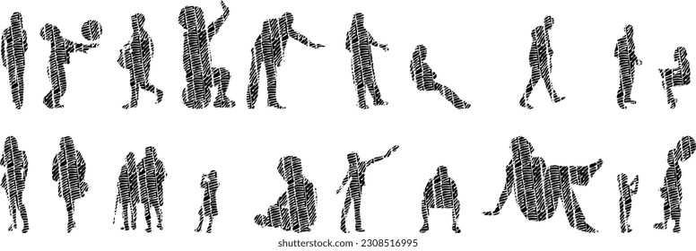 Vector illustration, Outline silhouettes of people, Contour drawing, people silhouette, Icon Set Isolated , Silhouette of sitting people, Architectural set	
