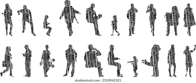 Vector illustration, Outline silhouettes of people, Contour drawing, people silhouette, Icon Set Isolated , Silhouette of sitting people, Architectural set	
