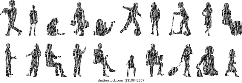 Vector illustration, Outline silhouettes of people, Contour drawing, people silhouette, Icon Set Isolated , Silhouette of sitting people, Architectural set	
