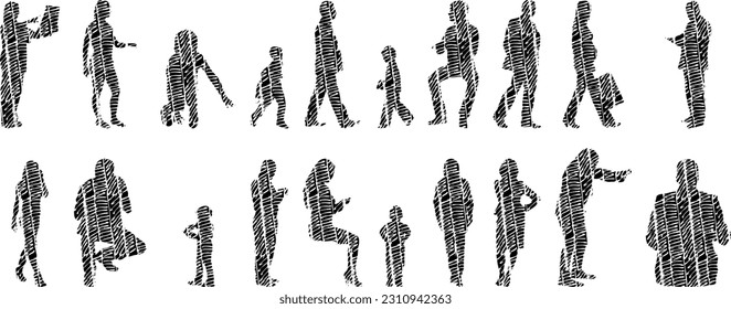 Vector illustration, Outline silhouettes of people, Contour drawing, people silhouette, Icon Set Isolated , Silhouette of sitting people, Architectural set	
